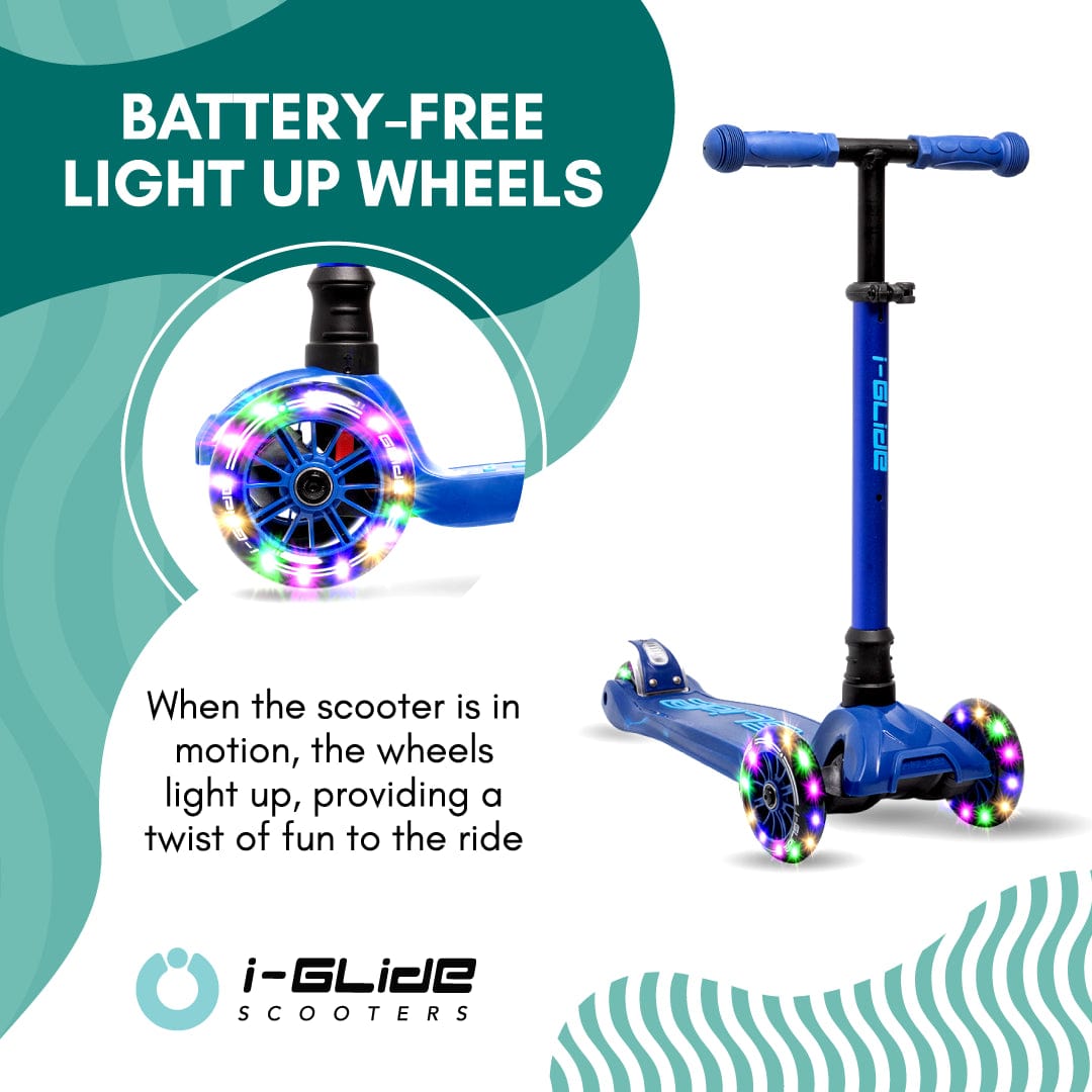 The image features the i-Glide 3-Wheel LED Kids Scooter in Blue/Blue, complete with an adjustable height handlebar and LED lights embedded in the wheels that illuminate without batteries when moving. The background is enhanced by lively teal and white curved patterns, adding to the fun of each ride.