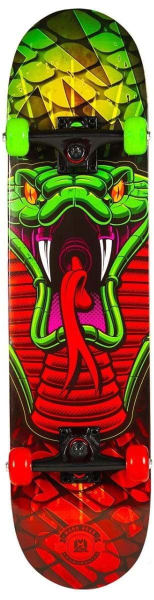 The Madd Gear MGP Pro Series Reptilia Red / Green Complete Skateboard features a vibrant 8" x 31" 9-ply maple deck with a fierce green snake design, complete with striking red eyes and tongue. It also comes equipped with black wheels, green and red trucks, and smooth ABEC 3 bearings, offering the perfect blend of style and performance.