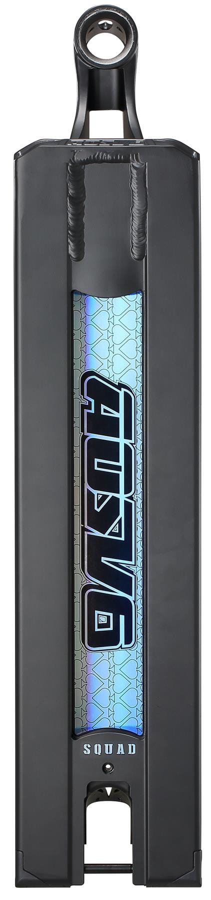 The Blunt Envy AOS V6 Squad Black Stunt Scooter Deck (5.5" x 22") features a shiny iridescent center panel with "SQUAD" and geometric patterns, a headtube with axle hole, and an open dropout for advanced tricks.