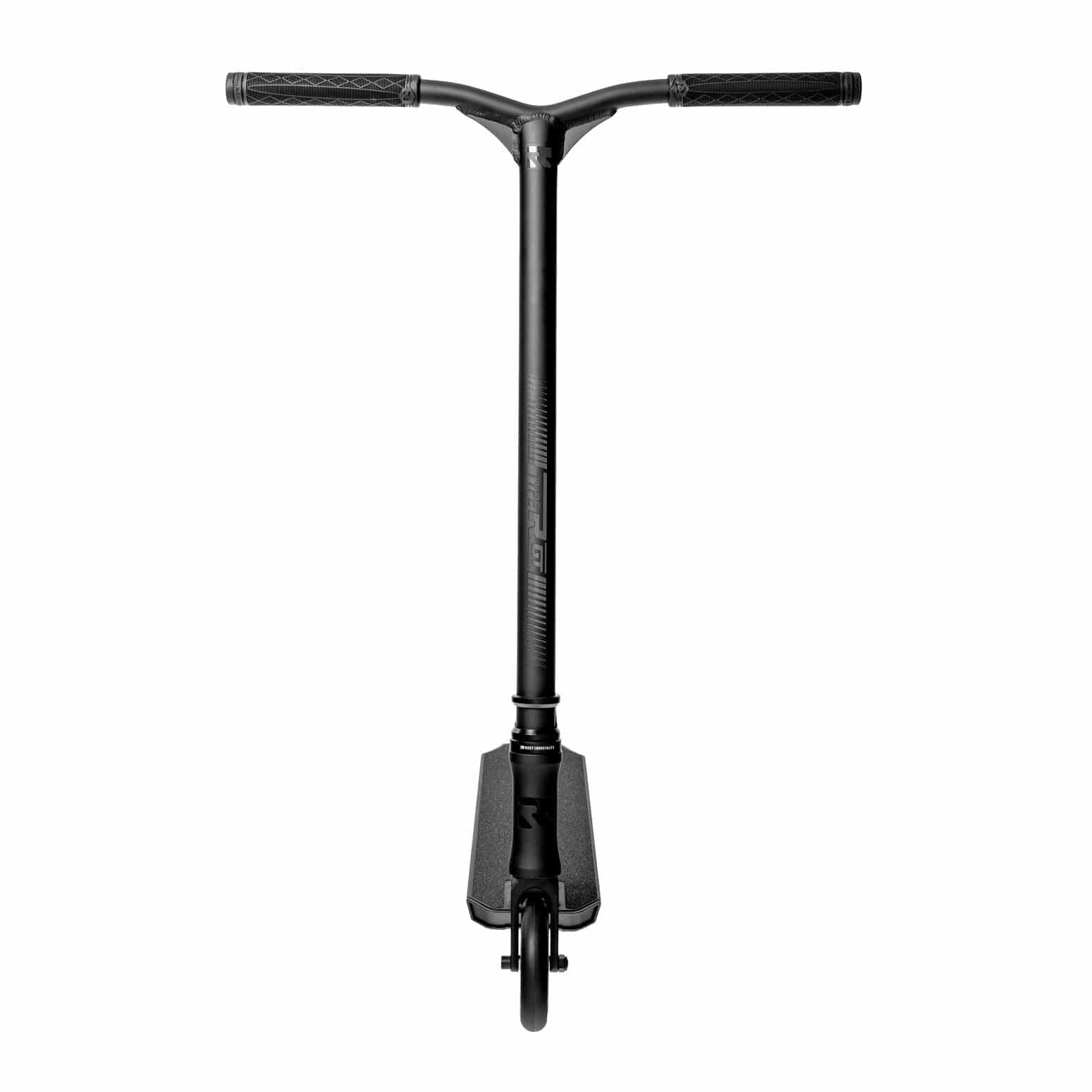 Front view of the Root Industries Type R GT Complete Stunt Scooter - Black, highlighting its T-shaped handlebar with two black grips. The scooter's sleek and streamlined deck exhibits a minimalist modern design with one wheel visible at the bottom.