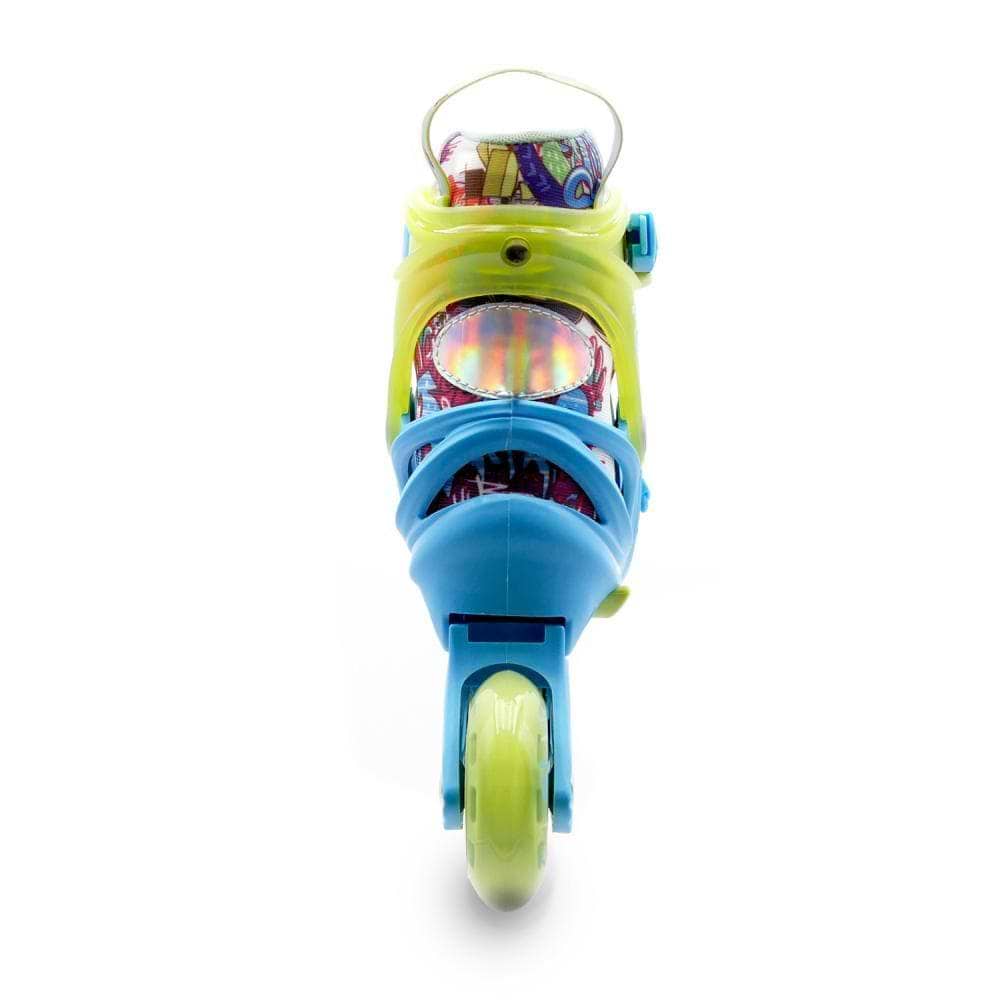 The Roces Ply Flash Adjustable Kids Inline Skates in blue and lime feature a vibrant, multicolored design—perfect for kids who love bright colors and flashy wheels.