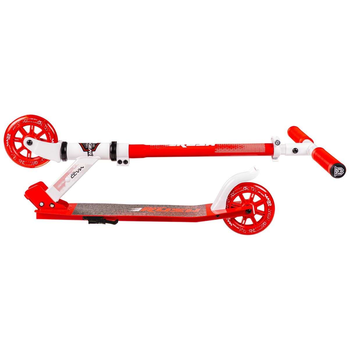 The Madd Gear Metro Rush 125 Kids Foldable Scooter in white/red features red light-up wheels, black grip tape, and a white adjustable handlebar, shown here folded.