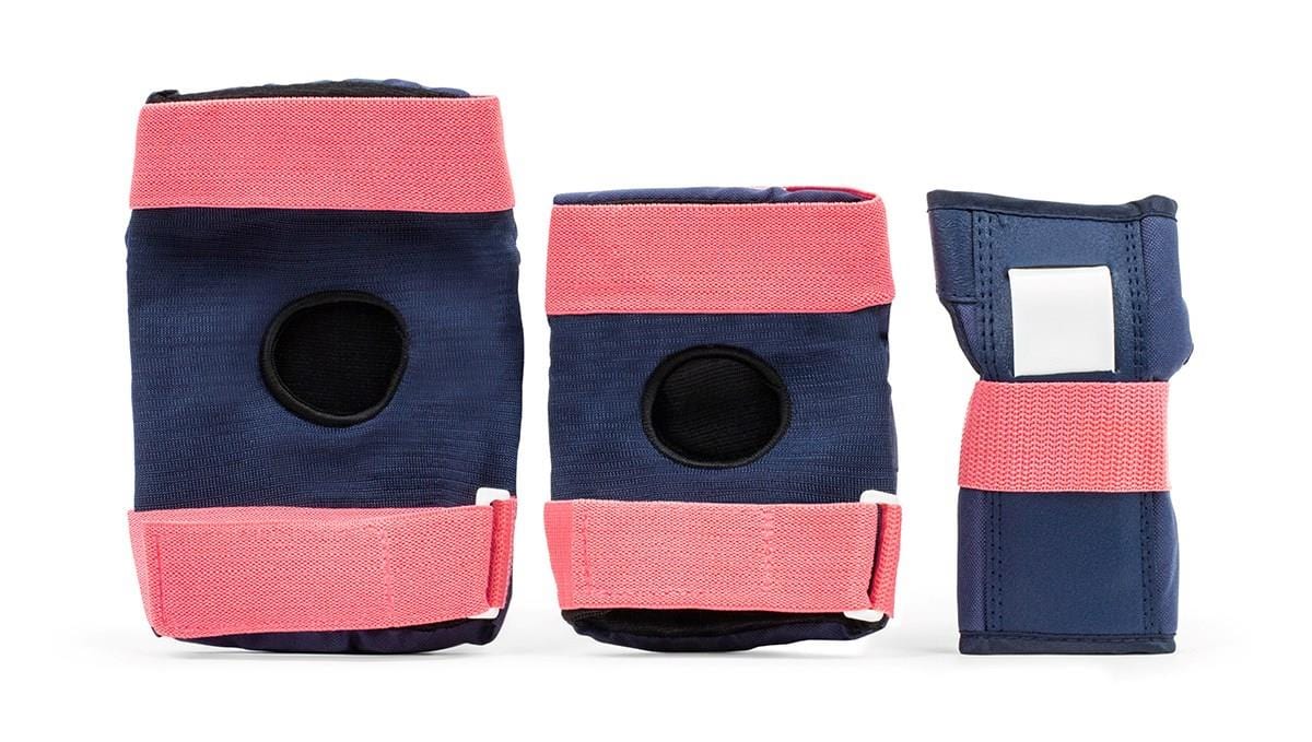 REKD Heavy Duty Triple Skate Protection Pad Set in blue and pink full set view.