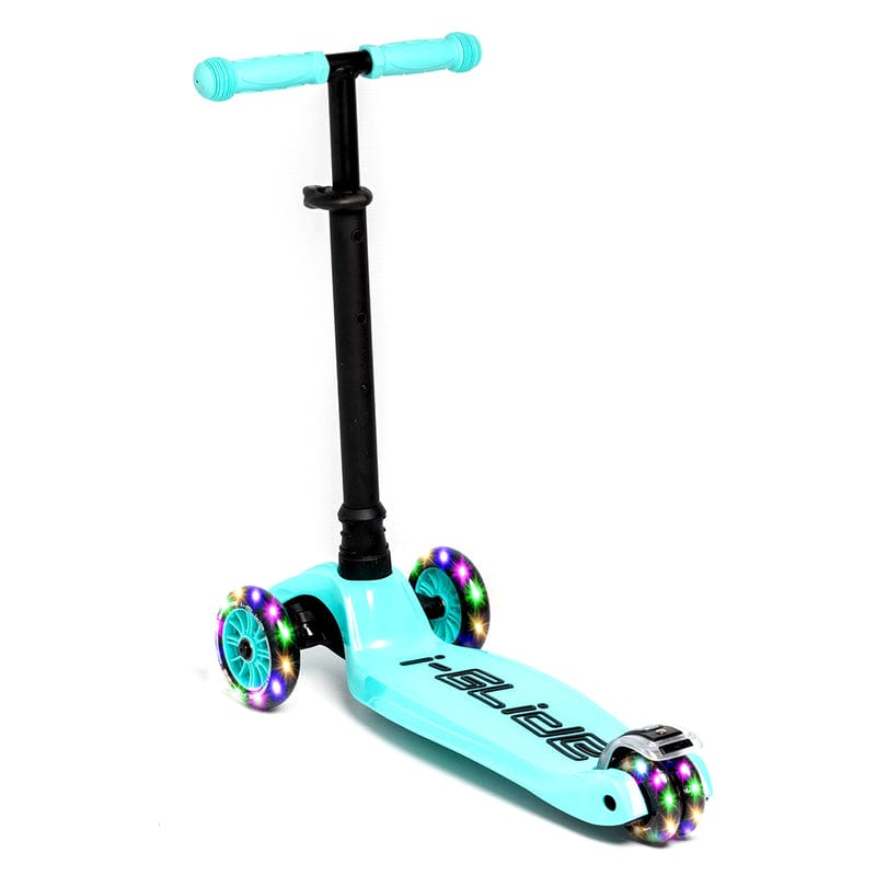 The i-Glide 3-Wheel LED Kids Scooter in Aqua is ideal for children, featuring a black handlebar. The wheels illuminate with vibrant LEDs, and the deck is adorned with "i-Glide".