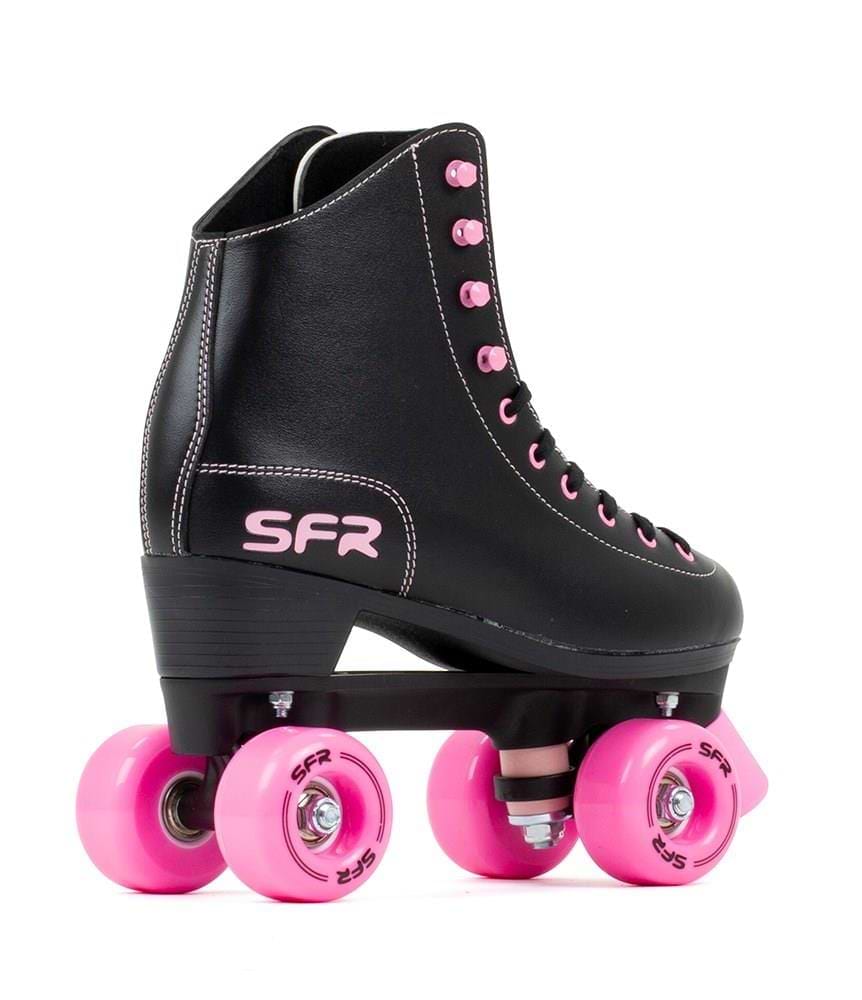 The SFR Figure Quad Roller Skates - Black / Pink feature pink laces, pink polyurethane wheels, "SFR" branding in pink, white stitching, and a high-top design—combining support and style for beginner skaters.