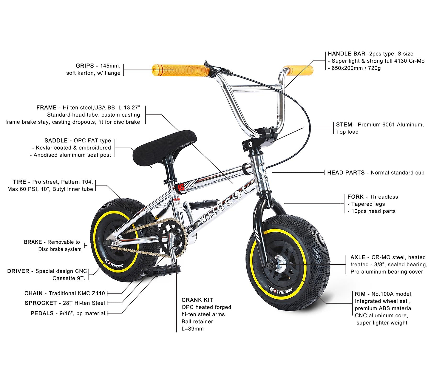 The Wildcat OG 3A Mini BMX Bike - Galaxy Yellow is a silver, lightweight BMX with yellow and black tires. Frame, handlebar, grips, stem, fork, crank, and saddle are labeled with specs and material details around the skatepark.