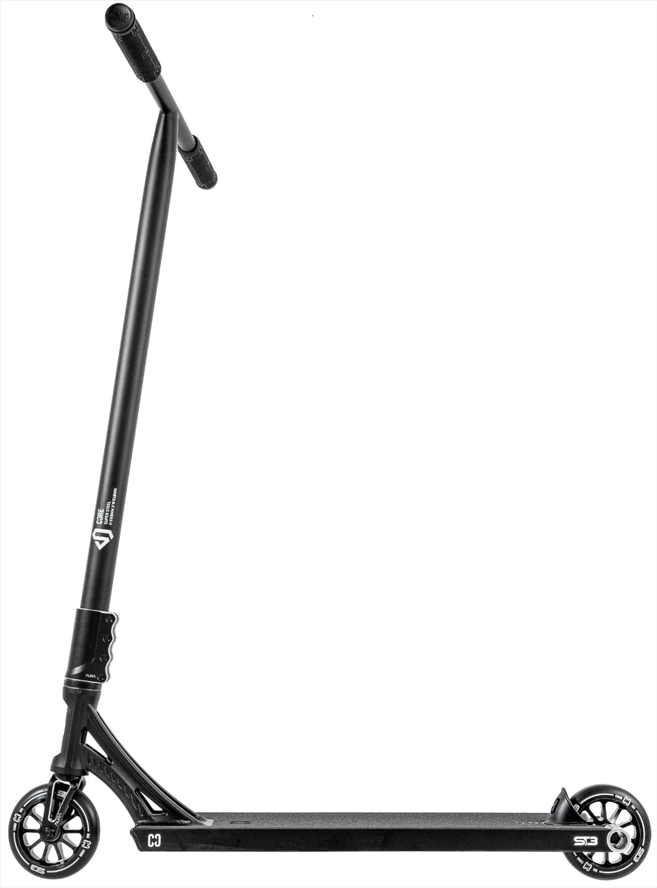 The CORE ST3 Complete Stunt Scooter by CORE is shown in black with pro-grade components, a straight handlebar, small wheels, and a sleek, minimalist design against a white background.