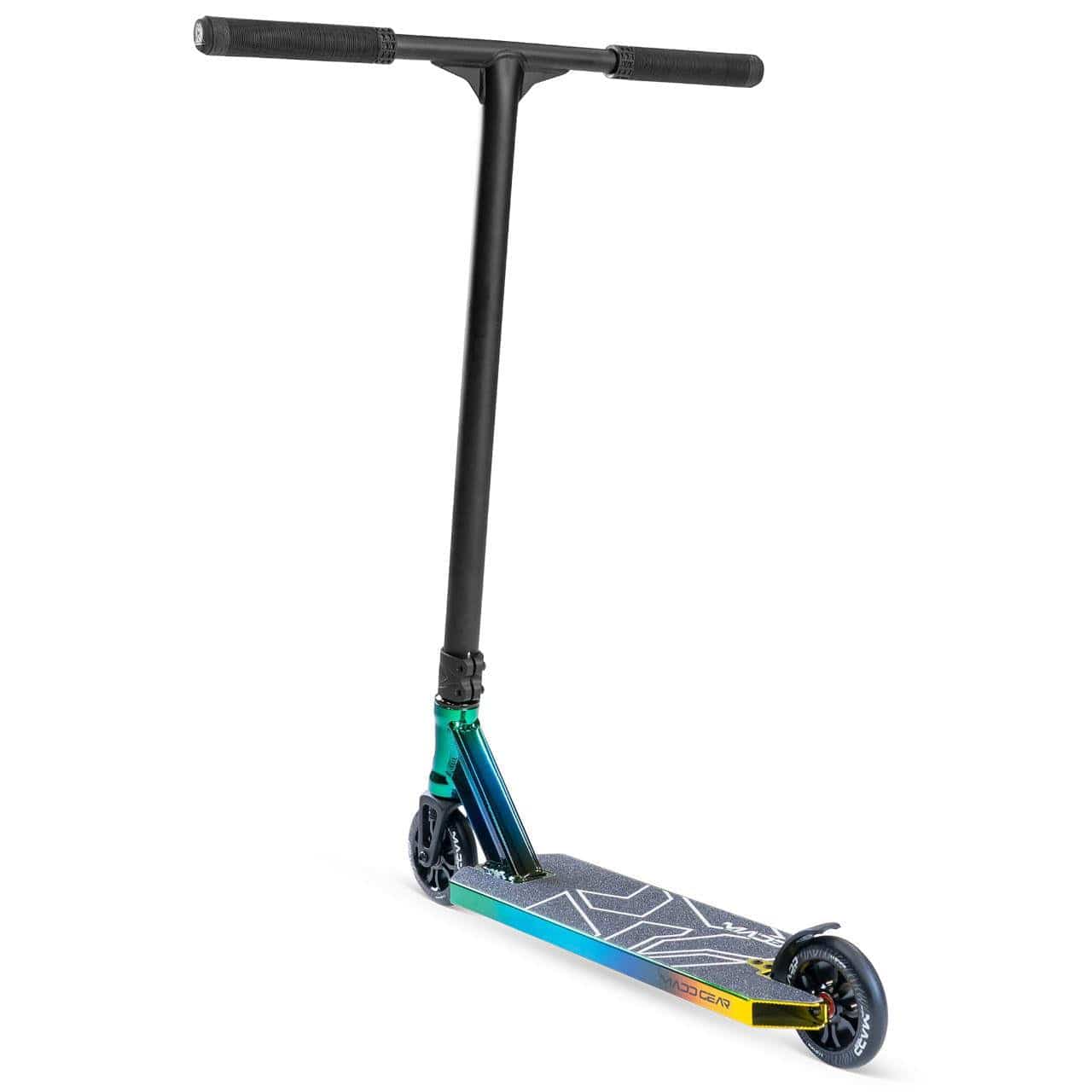 The Madd Gear (MGP) MG 6 Kinetic Complete Stunt Scooter in Neochrome/Black features a black T-bar, lightweight neochrome aluminum deck, and black wheels with high-speed chrome bearings—ideal for tricks and skatepark rides.