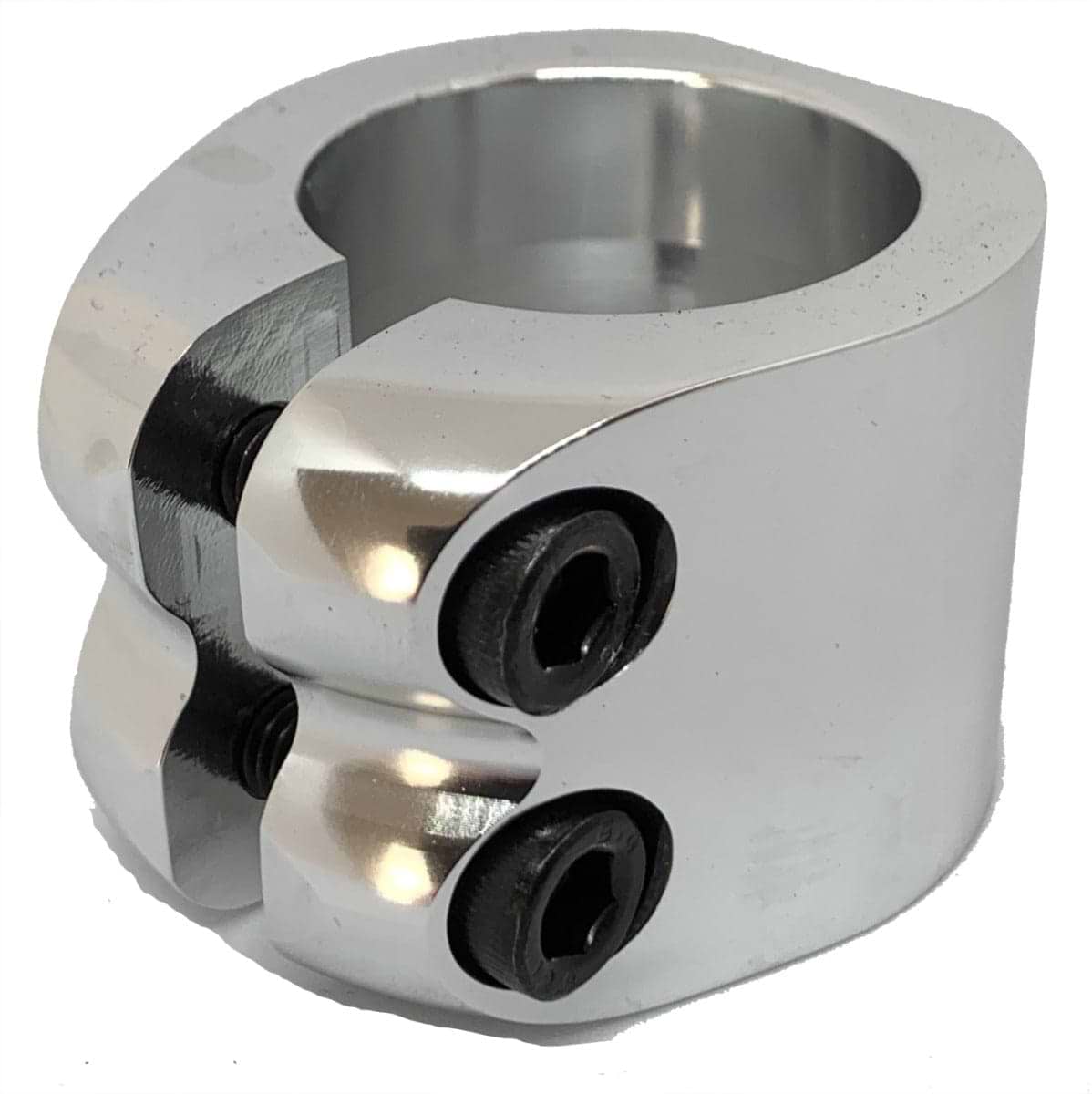 The Dare Warlord 2 Bolt Standard Stunt Scooter Clamp in Chrome is a CNC machined silver metal clamp with a polished finish and cylindrical shape, featuring two black screws visible on the side. It is designed to securely fasten stunt scooter components or other cylindrical objects.