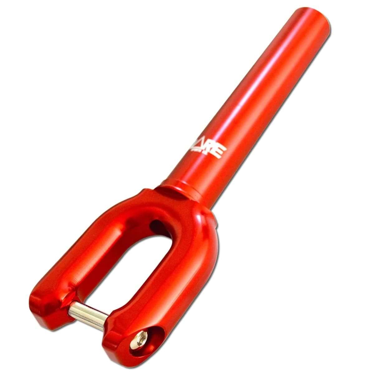 The Dare SMX SCS/HIC Stunt Scooter Forks in red feature a sleek, smooth finish with a cylindrical steerer tube and two-pronged wheel attachment, making them perfect for professional-level scooters. Crafted from CNC-milled aluminum, the "Dare" brand name is prominently displayed on the steerer tube.