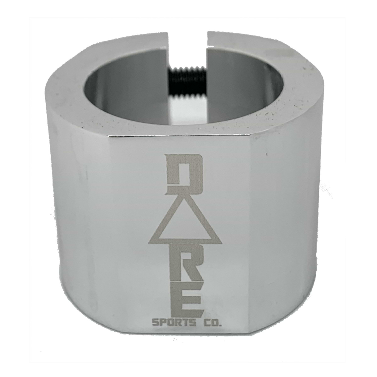 The Dare Warlord 2 Bolt Standard Stunt Scooter Clamp in chrome is depicted with a CNC machined finish and a hexagonal design. The clamp, made by Dare, has an engraved logo reading "DARE Sports Co." and features a visible screw on top for tightening or fastening. It is shown against a white background.