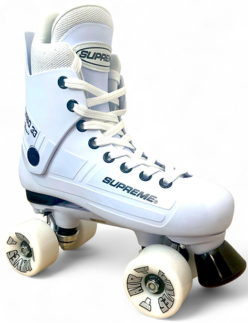 The Supreme Turbo 33 Nylon Quad Roller Skates feature a high-ankle white boot with "SUPREME" branding, white laces, white wheels, black accents, and a black toe stop. The background is plain white. Brand: Supreme.