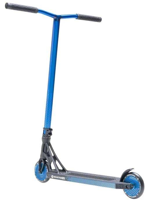 The Root Industries Invictus V3 Complete Stunt Scooter - Burnt Blue features a sleek blue and black design, sturdy T-shaped handlebar, metal deck, and two small wheels—ideal for tricks at the skate park.