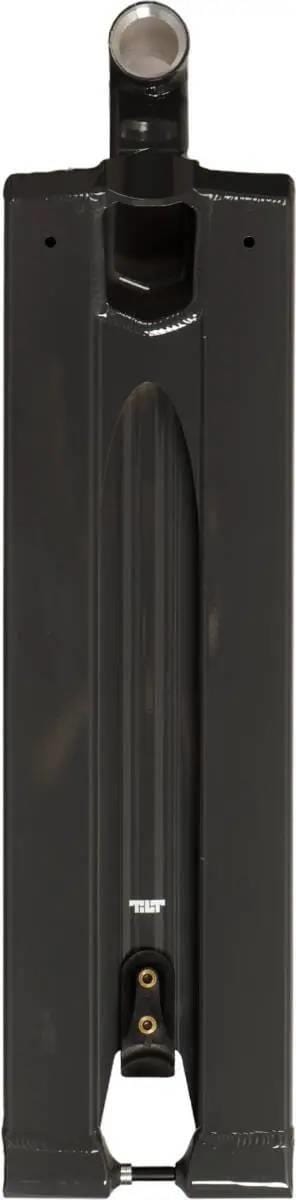 The Tilt Method Pro Gunmetal Grey Stunt Scooter Deck (6.2" x 22.2") features a rectangular, boxed design with cutouts and a round tube for wheel attachment—ideal for street riders, with the Tilt logo near the bottom.