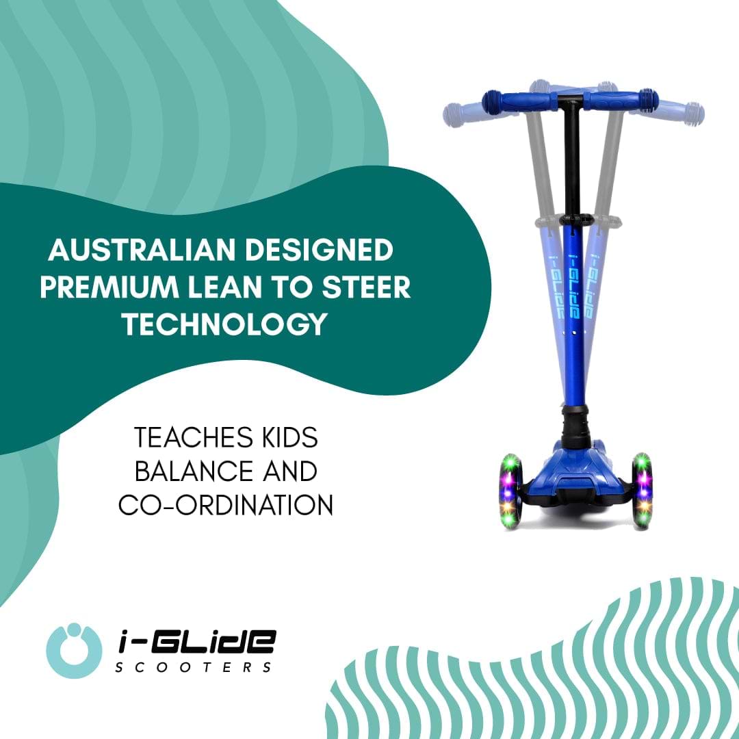 The image shows a blue i-Glide 3-Wheel LED Kids Scooter with illuminated wheels and an adjustable height handlebar. The text reads "Australian Designed Premium Lean to Steer Technology" and highlights that it "Teaches Kids Balance and Coordination." The I-Glide logo is prominently displayed at the bottom left.