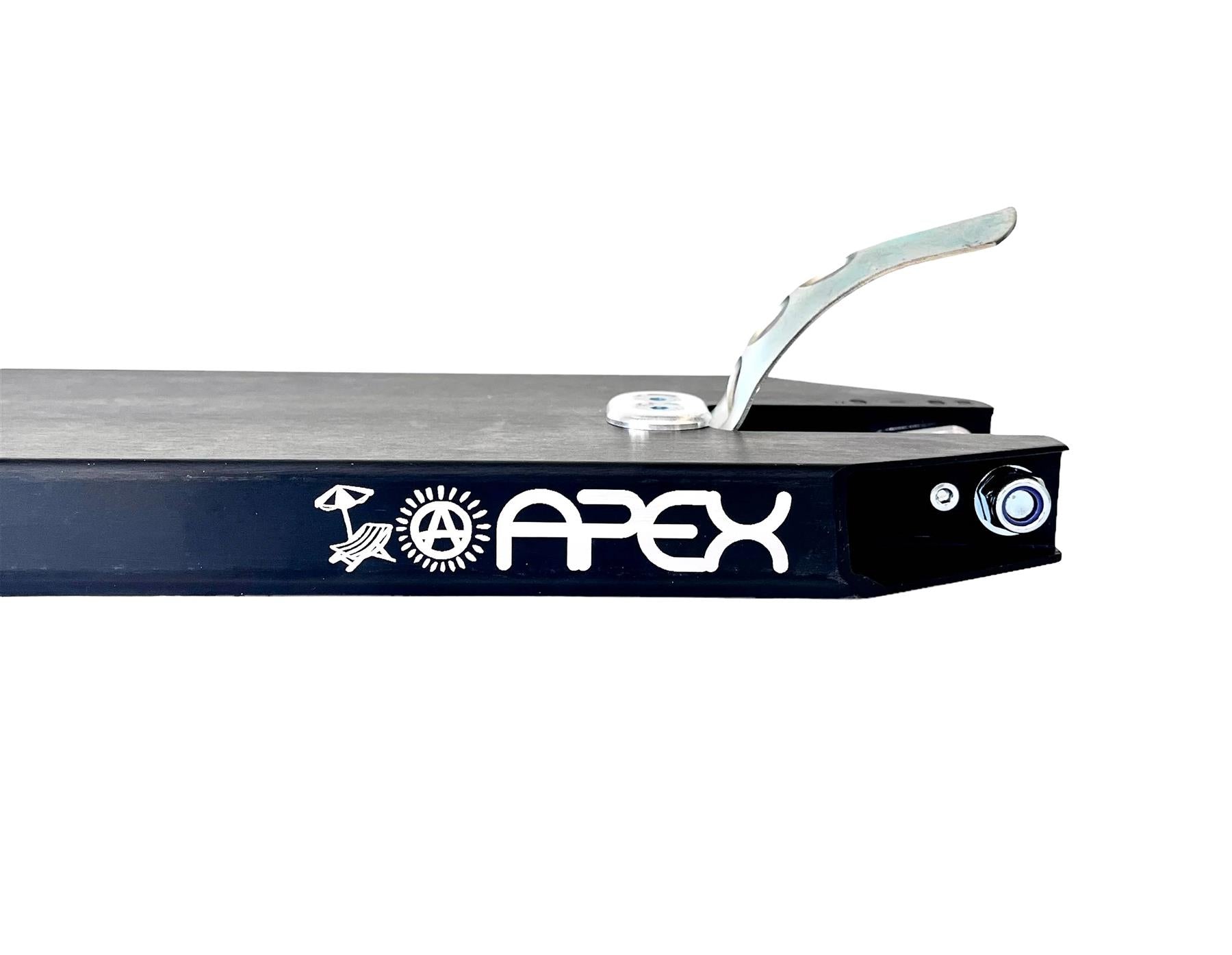 Side view of the Apex Pro Life's a Beach Special Edition Purple/Black Scooter Deck (5" x 19.3") with "APEX" and sun logo, featuring a silver brake at the rear for stylish performance.