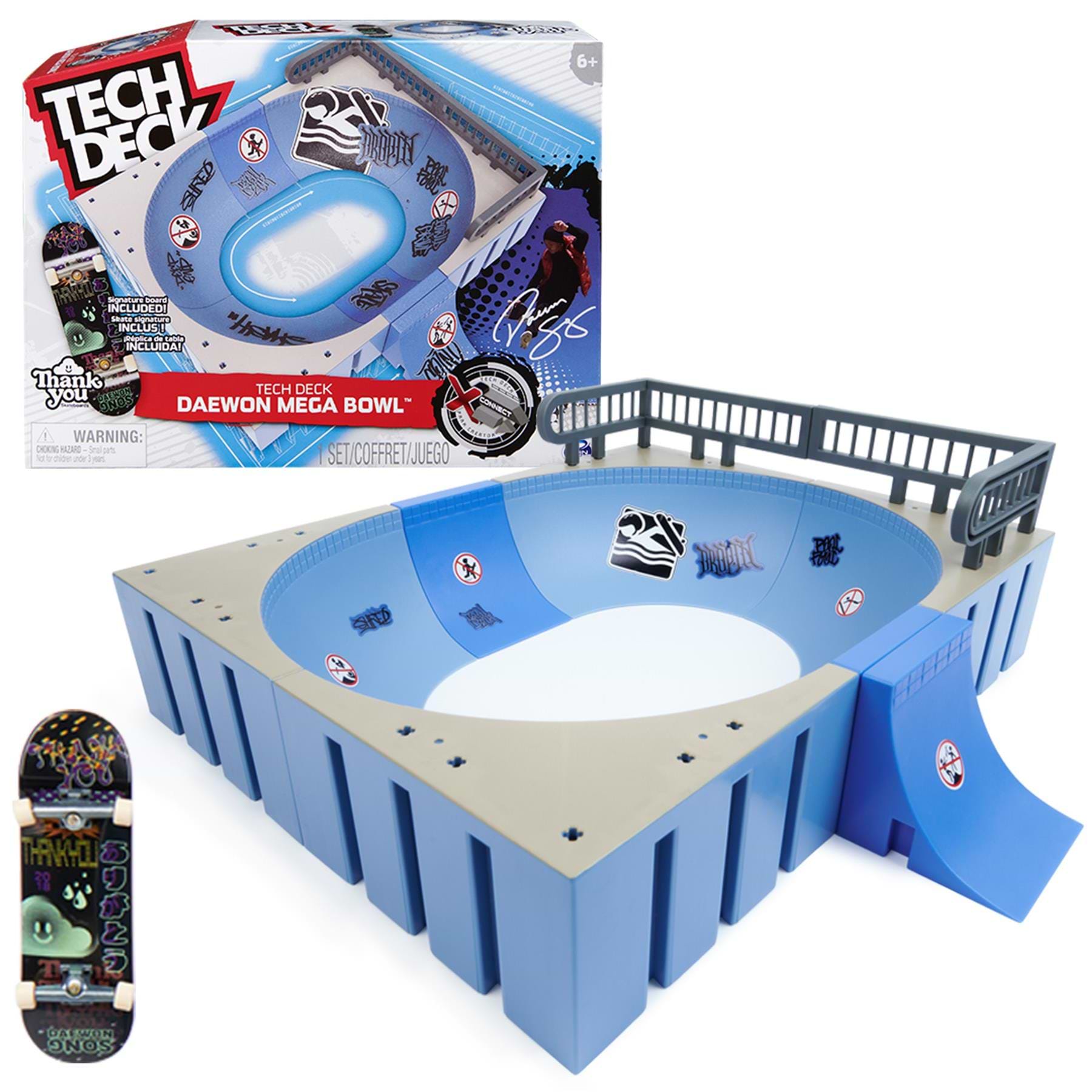 The Tech Deck X-Connect Fingerboard Daewon Mega Bowl by Tech Deck is a blue and gray mini skatepark bowl with rails, ramps, packaging, and a detailed fingerboard with colorful Daewon Song-inspired graphics.