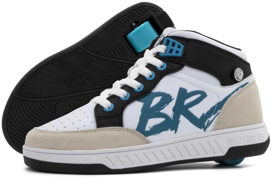 A pair of Breezy Rollers Skater Shoes in white and light blue, featuring wheels in the heels. One shoe stands upright while the other lies on its side, showing the sole and removable wheel. Brand: Breezy Rollers.