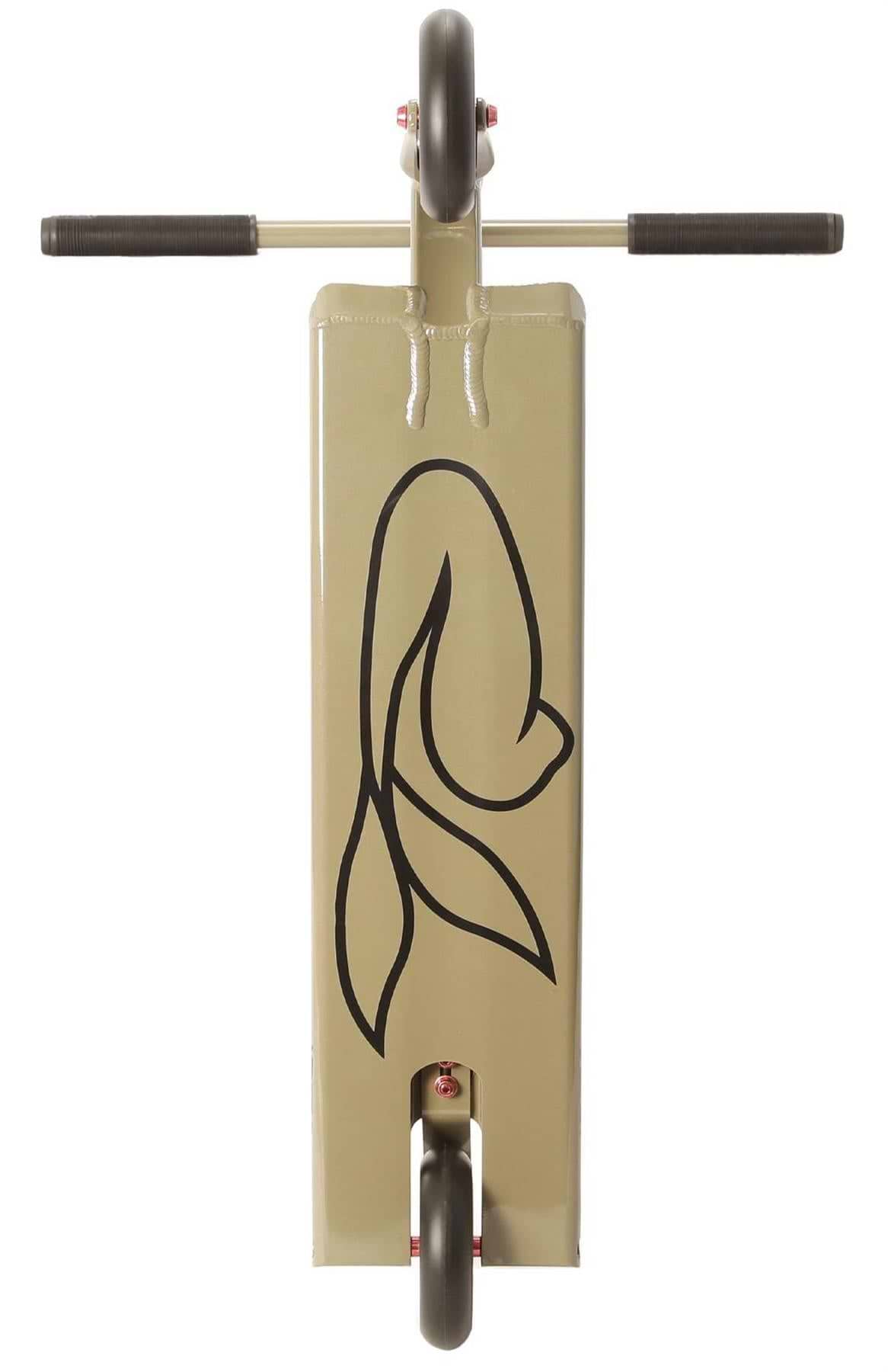 The Aztek Siren Complete Street Stunt Scooter in Zircon Sand, viewed from above, features black handlebars and a fish outline on the deck, with the two wheels visible at each end.