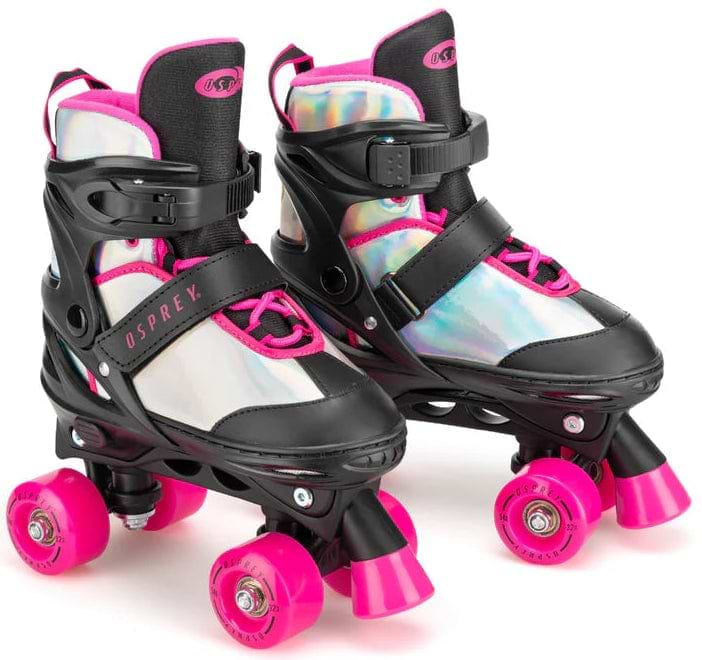 The Osprey Surge Semi-Soft Adjustable Quad Roller Skates - Pink feature black and pink accents, shiny iridescent panels, adjustable straps, a semi-soft boot design, and bright pink wheels—ideal beginner skates for kids.