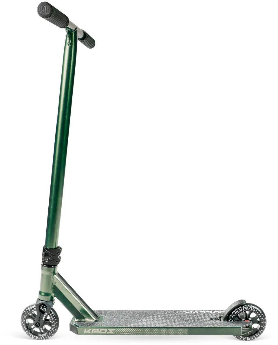 The Madd Gear Viral KAOS Complete Stunt Scooter - Forest features a long handlebar, two black wheels, and a textured deck for stunt progression, shown against a white background.