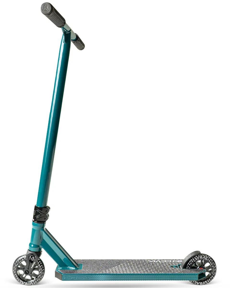 The Madd Gear (MGP) Viral KAOS Complete Stunt Scooter in Denim features black grips, two small patterned wheels, a textured foot deck, and a sturdy angled handlebar, shown against a white background.