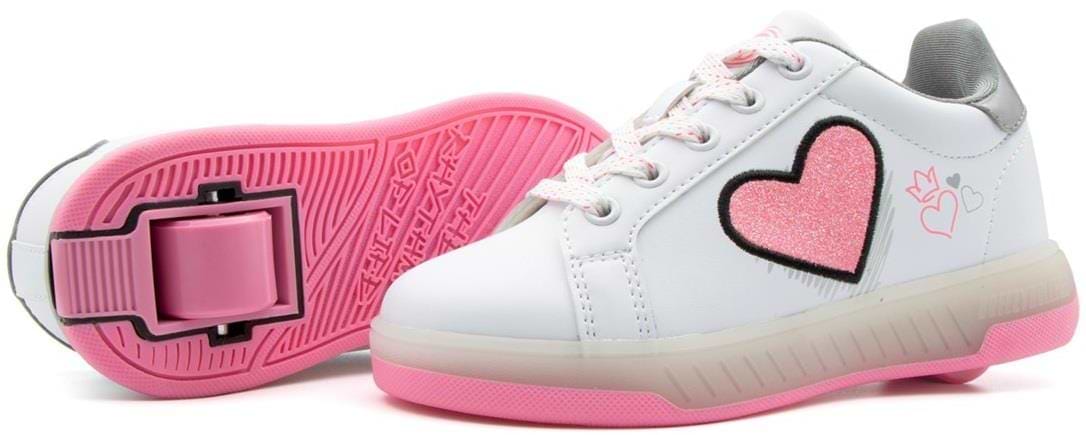 The Breezy Rollers Blast Shoes - Pink by Breezy Rollers are white sneakers with pink soles, pink glittery heart and winged heart designs, and a patented heel wheel for easy rolling.