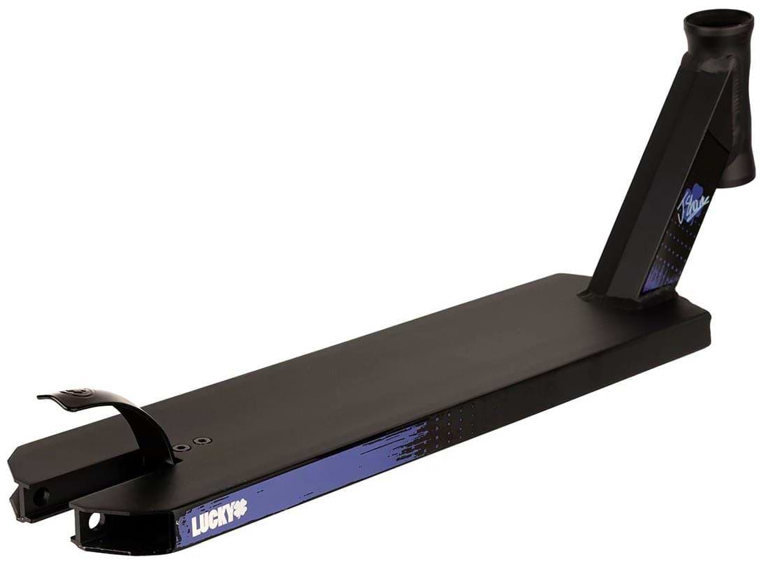 The Lucky Jayden Sharman V4 Signature Stunt Scooter Deck (5" x 19.5") is a black and blue 6061-T6 aluminium deck with a rear brake, angled head tube for technical riding, and the Lucky logo on the side.