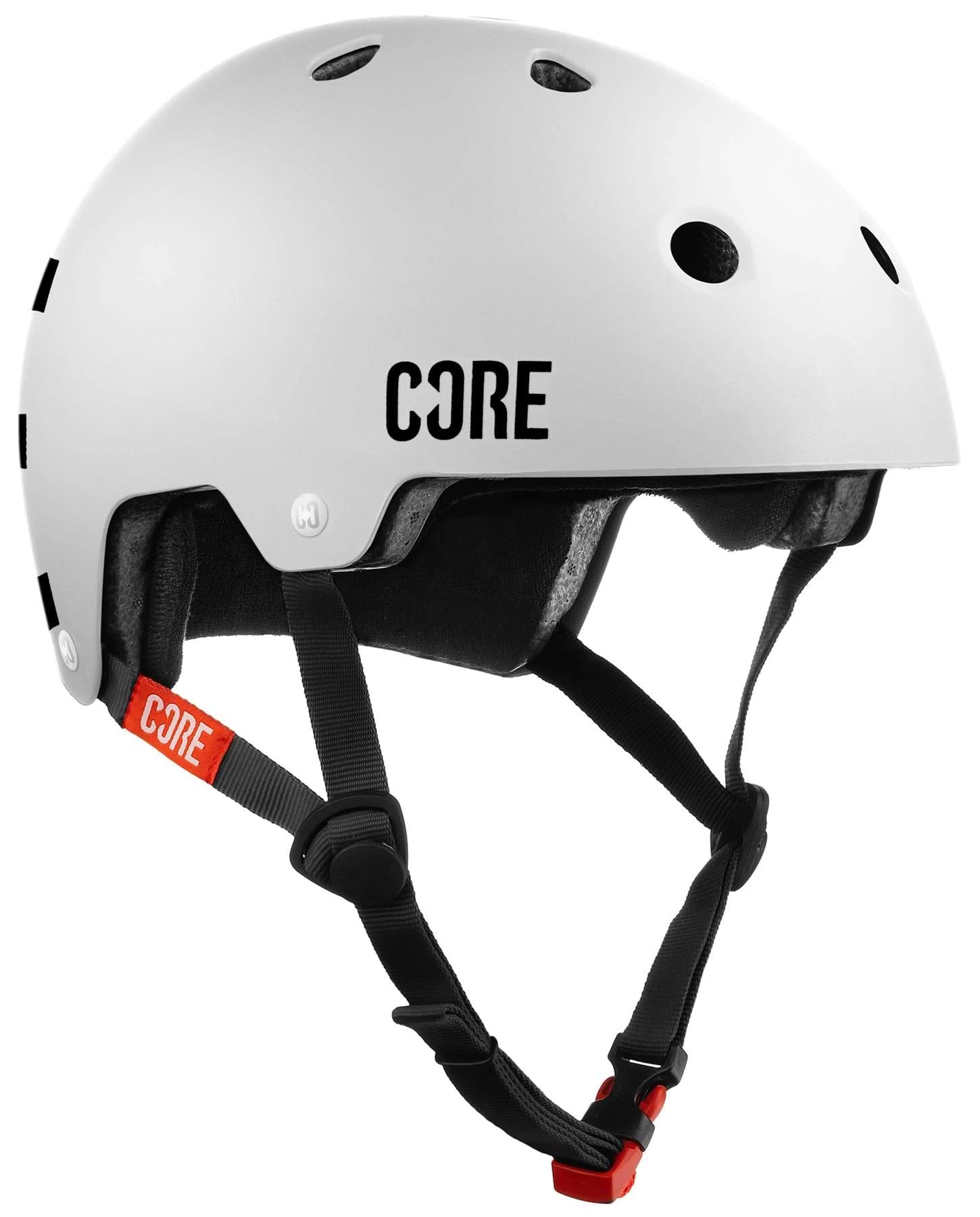 The CORE Street Skate / Scooter Helmet - White features multiple ventilation holes, black adjustable straps with a red buckle, and a red CORE tag for safety during sports. Pairs perfectly with CORE Lux Pads.