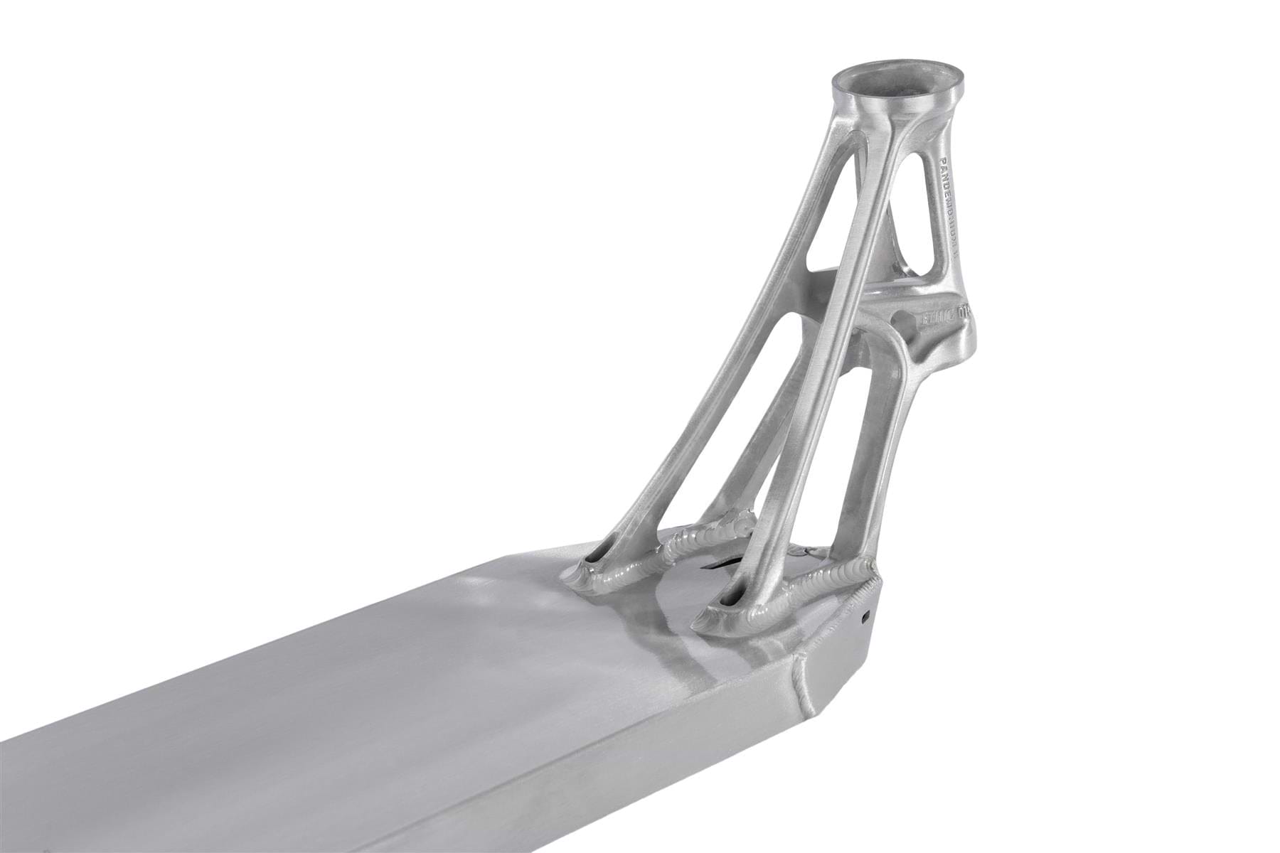 A close-up of the Ethic DTC Pandemonium V2 Raw Stunt Scooter Deck reveals a sleek, metallic scooter deck with a futuristic design and intricate, lightweight support structures. Made from 6061-T6 aluminum, its smooth, reflective surface accentuates advanced engineering and modern aesthetics.