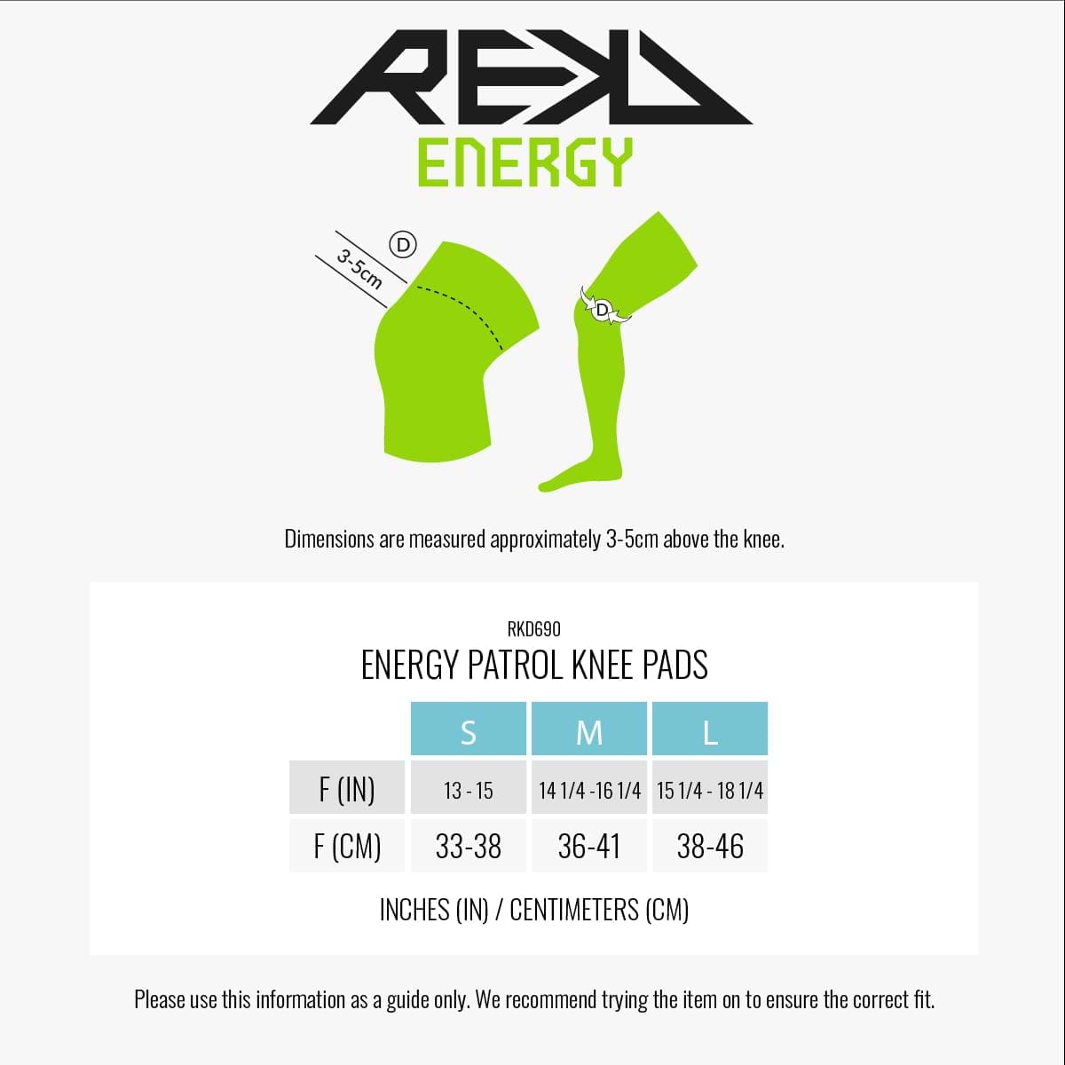Illustration of the REKD Energy Patrol Ramp Knee Skate Protection Pads in black, featuring a sizing chart for extreme sports enthusiasts. The chart includes sizes S, M, and L with knee circumferences listed in inches (13-15, 14 1/6-16, 15 1/4-17 1/4) and centimeters (33-38, 36-41, 38-46). Measurements are taken.