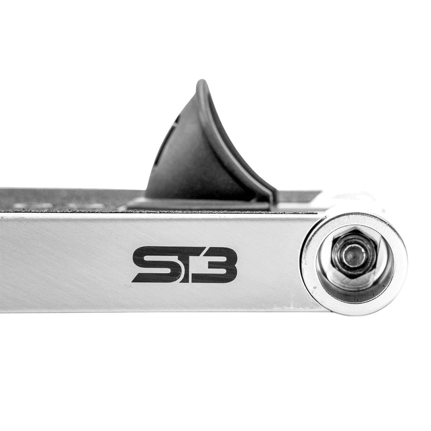 Close-up of the CORE ST3 Forged Polished Street Stunt Scooter Deck (6.5" x 22.5") by CORE, showing a bolt and a black accent above the end, with its sturdy design contrasted against a white background.
