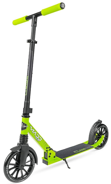 The Madd Gear Metro Cruise 250 Foldable Commuter Scooter by MGP in Black/Lime features black handlebars and wheels, a sturdy frame, adjustable height, non-slip deck, rear foot brake, and stands upright at a slight left angle.