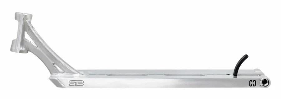 A side view of the CORE ST2 Forged Polished Street Stunt Scooter Deck displays its sleek, minimalist design with a cutout logo near the front. Engineered for street riding, it features a forged headtube and comes equipped with a black brake at the rear end.