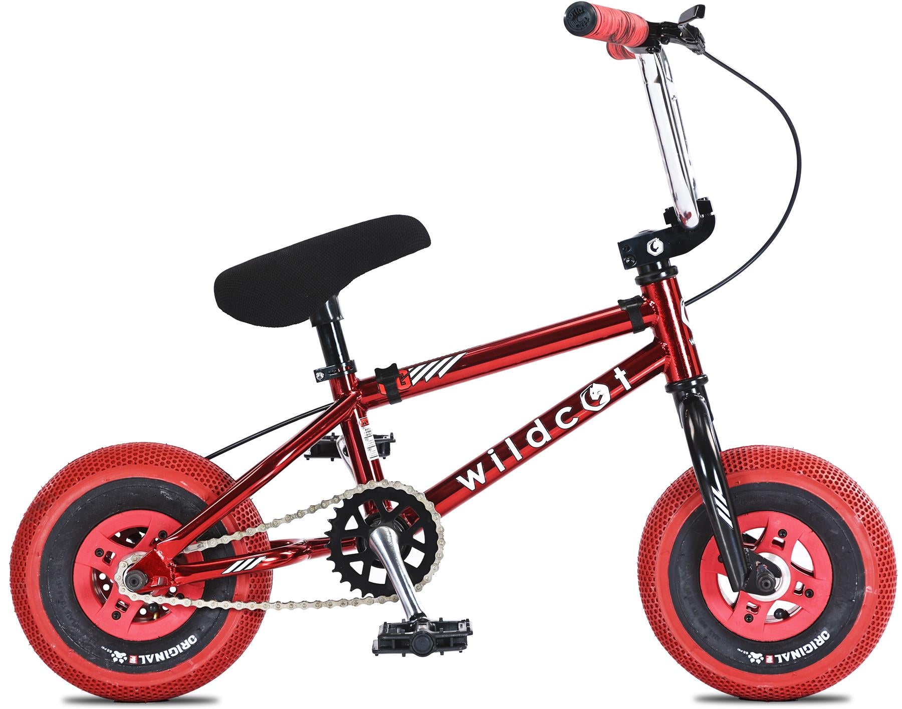 The Wildcat OG 3A Mini BMX Bike - Royal Red features thick PRO Street 65PSI tyres, CNC aluminium rims, black seat and pedals, front brake, and a sturdy design for kids. "Wildcat" appears in white on the frame.