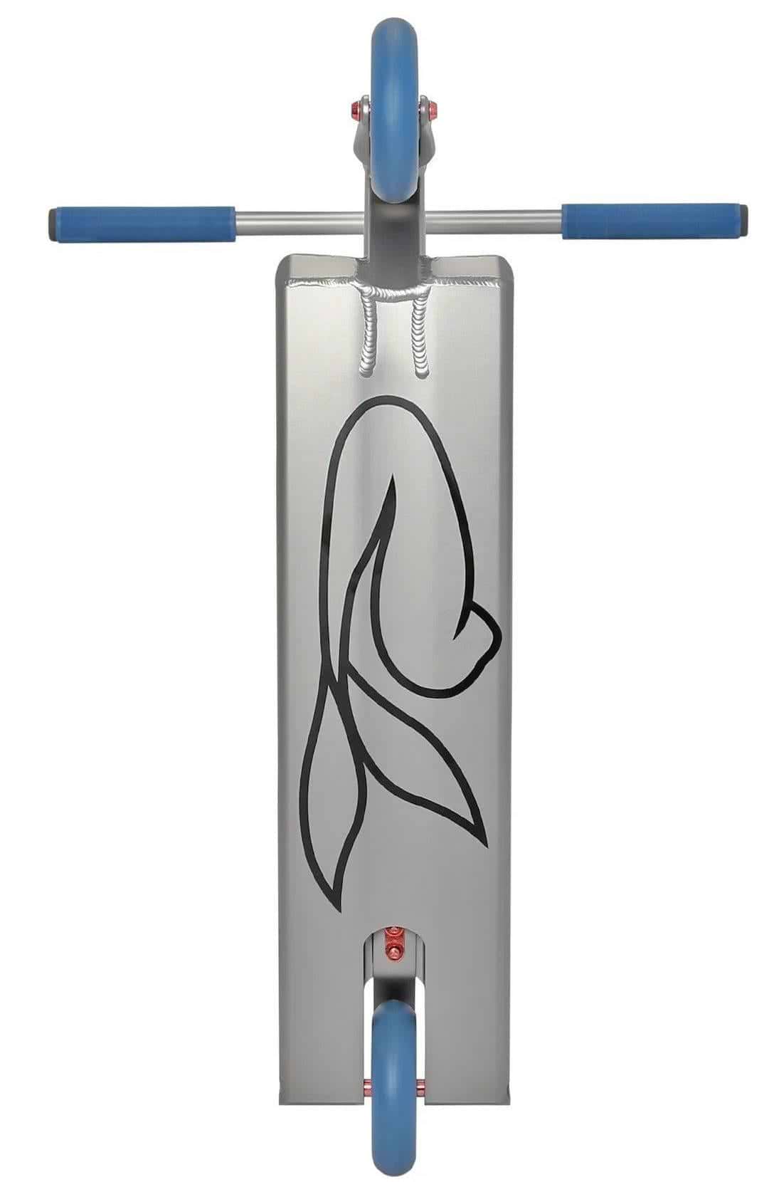 The Aztek Siren Complete Street Stunt Scooter in grey features blue handlebar grips and wheels, plus a deck with bold black line art of a fish, reflecting the signature Aztek style.
