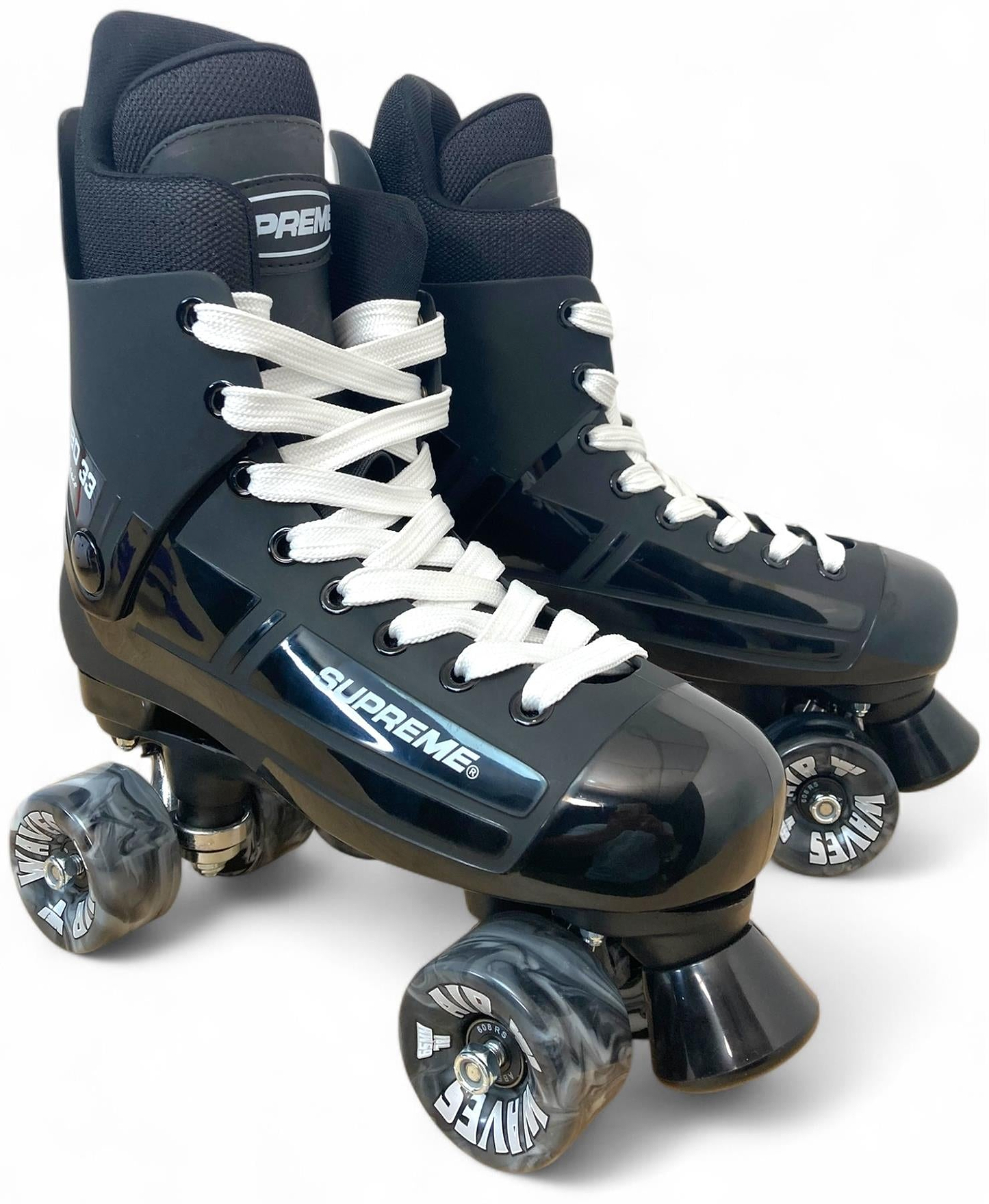 A pair of Supreme Turbo 33 Nylon Quad Roller Skates in black with black swirl wheels and white laces, shown on a white background.