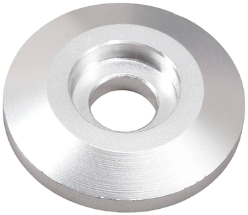 Introducing the Dial 911 HIC Scooter Compression Top Cap - M8, a lightweight aluminium washer featuring a metallic, round design with a central hole and slightly beveled edges. Its polished surface reflects light efficiently, making it perfect for enhancing scooter compression systems.