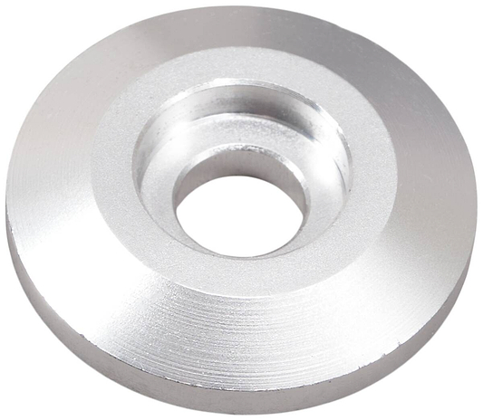 Introducing the Dial 911 IHC Scooter Compression Top Cap, a sleek and industrially designed conical washer. Crafted from lightweight aluminum, it features a central hole and tapers outward. Its smooth, shiny surface showcases a polished finish, making it an ideal choice for IHC scooter compression systems.
