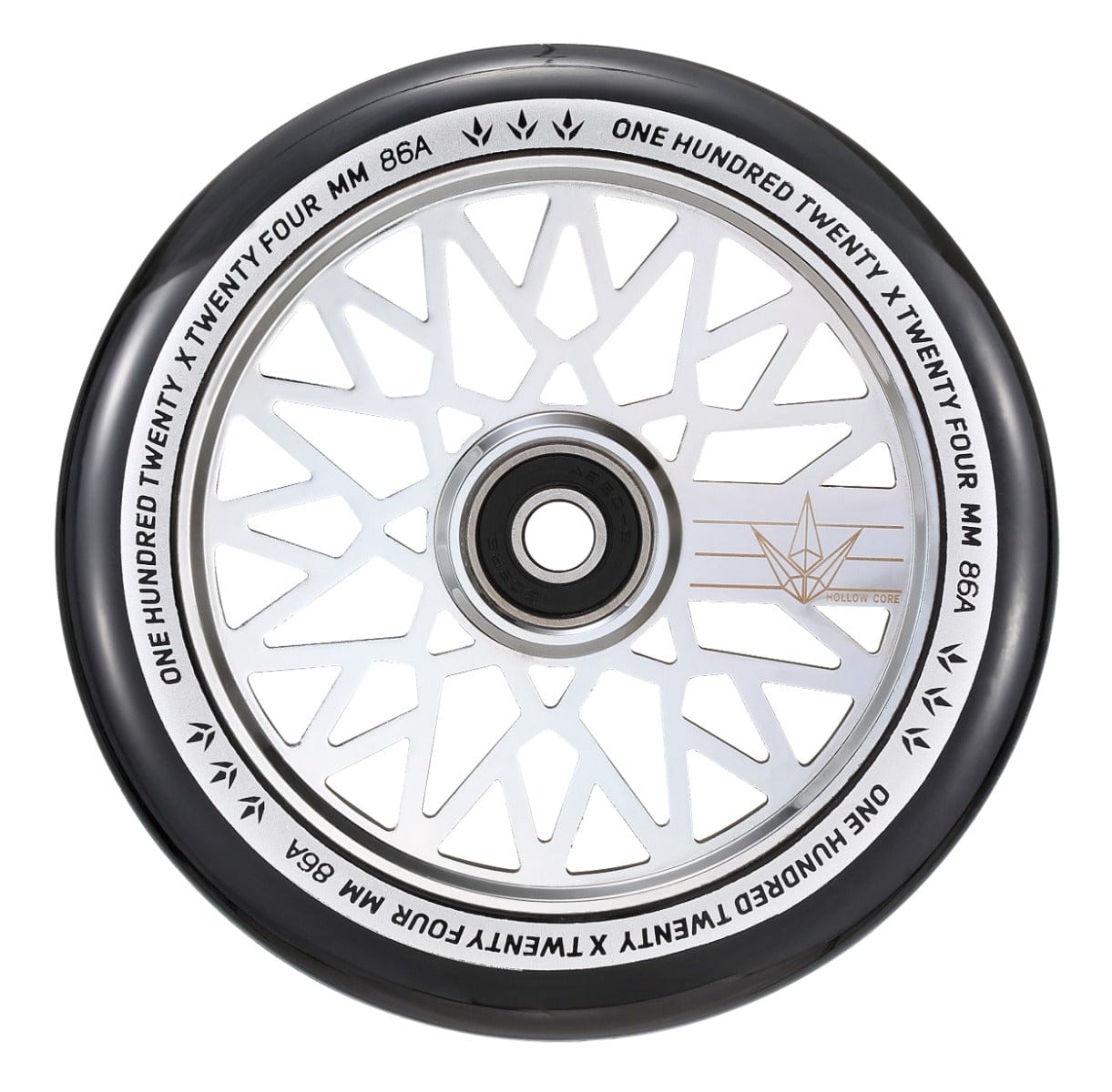A close-up of the Blunt Envy Diamond Hollow Core 120mm Stunt Scooter Wheel in Chrome Silver, highlighting its black rubber tire and white spoked rim. The rim is adorned with the text "ONE HUNDRED TWENTY FOUR MM 86A" along the edge, emphasizing its robust construction for stunt scooter performance.