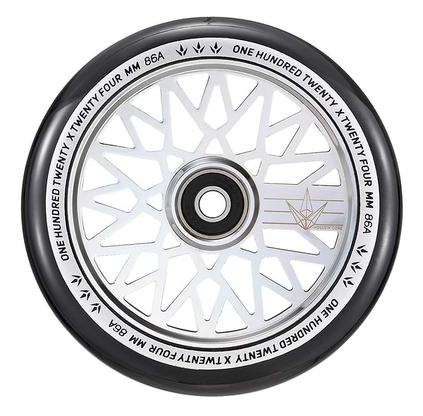 A close-up of the Blunt Envy Diamond Hollow Core 120mm Stunt Scooter Wheel in Chrome Silver, highlighting its black rubber tire and white spoked rim. The rim is adorned with the text "ONE HUNDRED TWENTY FOUR MM 86A" along the edge, emphasizing its robust construction for stunt scooter performance.