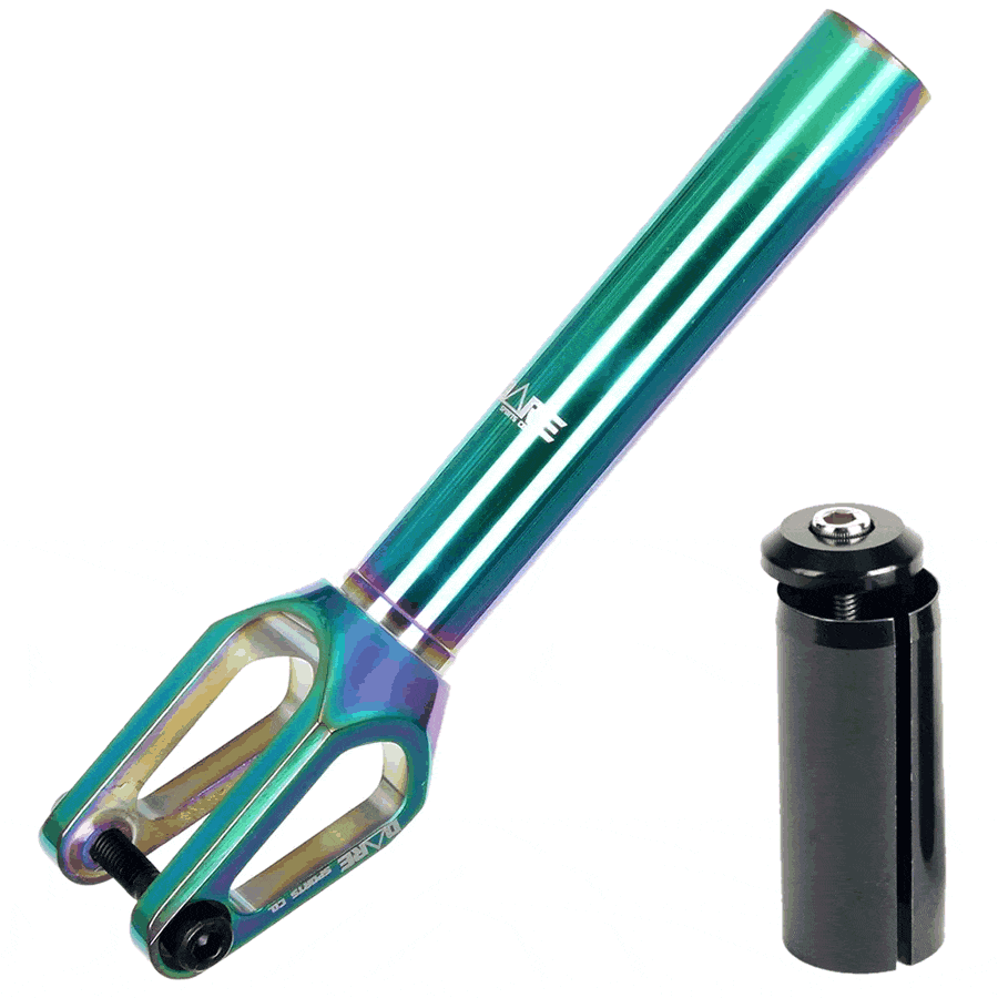 A Dare Dimension IHC Stunt Scooter Forks in a striking neochrome finish stands upright next to a black IHC compression system bolt. This CNC machined aluminum fork, designed by Dare, features sleek lines and an eye-catching iridescent appearance, perfect for assembling the front end of a scooter.