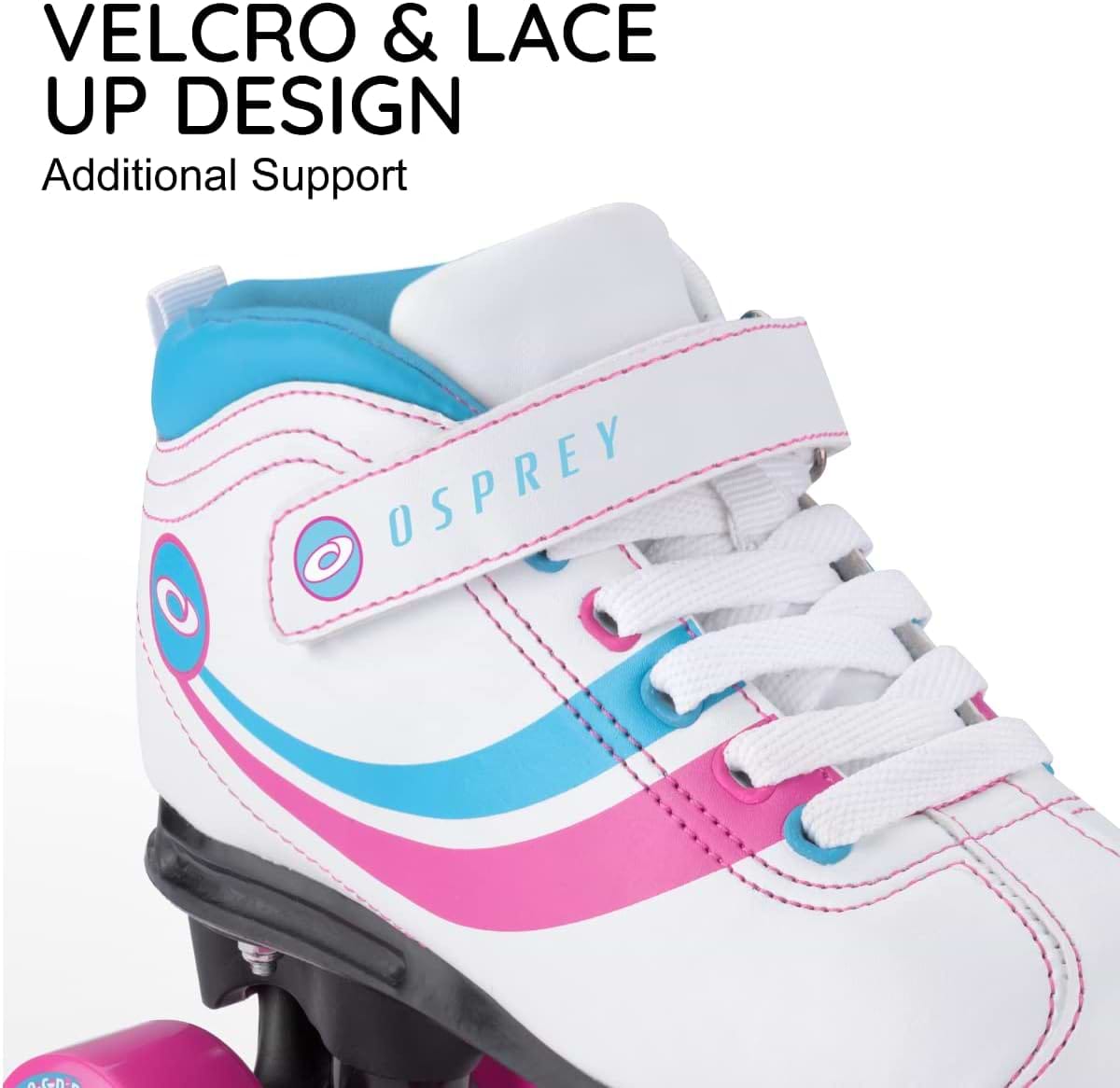 Close-up of the Osprey Disco Quad Roller Skates - White, featuring blue and pink accents, a velcro strap, and lace-up design for added support. "Velcro & Lace Up Design Additional Support" appears above—ideal for recreational skating.