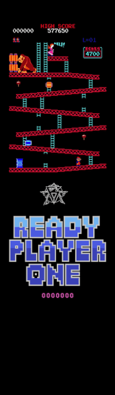 On the retro arcade game screen showcasing a classic platformer, a character navigates ladders and barrels with a giant gorilla looming above. At the bottom, "READY PLAYER ONE" is prominently displayed in pixelated letters, while vibrant prints inspired by Revolution Stunt Scooter Griptape - Donkey Kong are scattered across the screen.