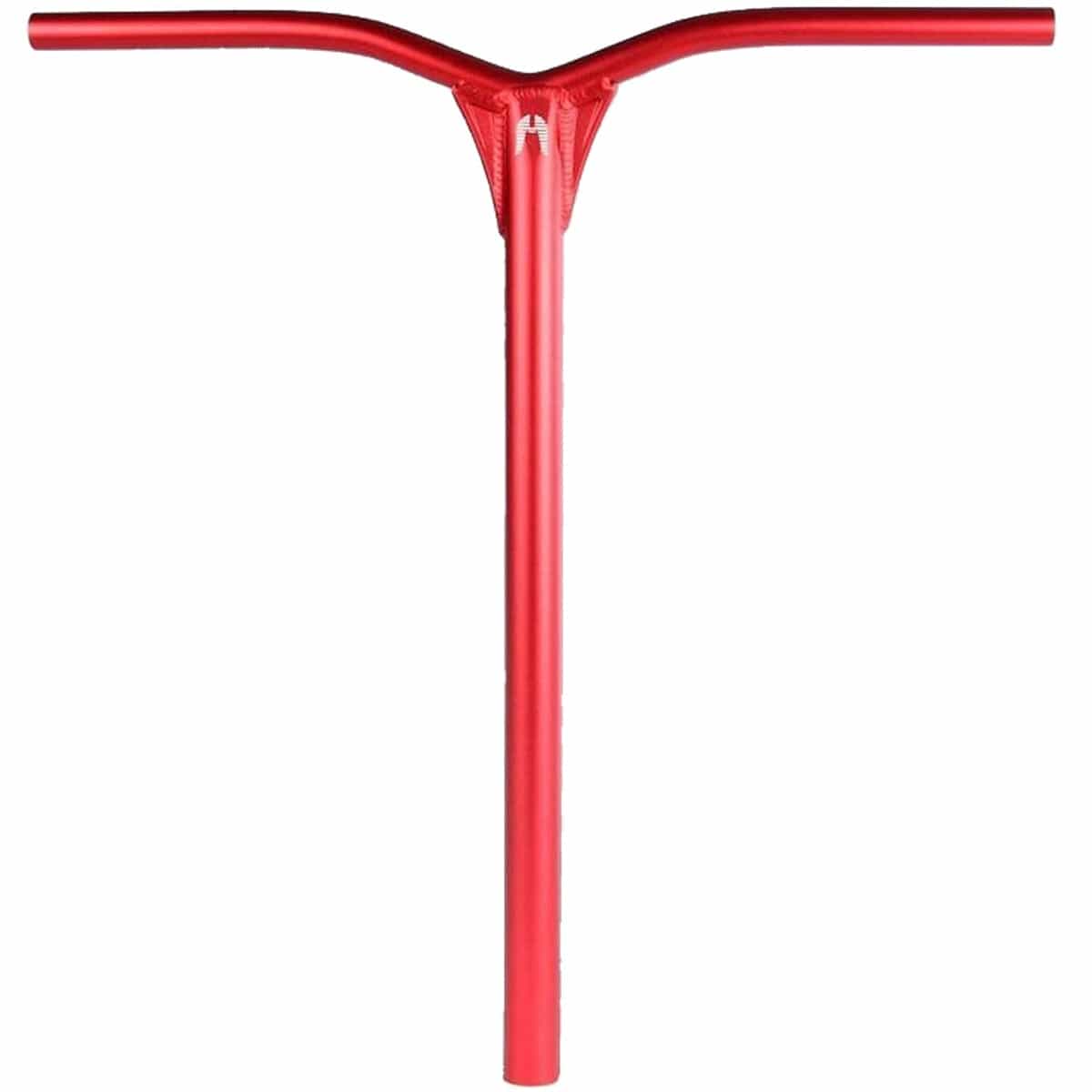 Ethic DTC Dryade 57 Aluminium ICS/IHC Stunt Scooter Bars in red, measuring 570mm by 580mm, are T-shaped and set against a white background. These smooth and shiny lightweight bars feature a slight bend at the ends to enhance grip.