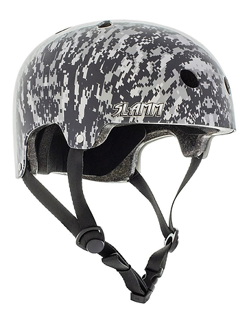 The Slamm Logo Skate / Scooter Helmet, perfect for scooter enthusiasts, features a grey camouflage design with "SLAMM" prominently displayed on the side. It complies with EN1078 safety regulations and includes multiple air vents as well as adjustable black straps for a secure fit.