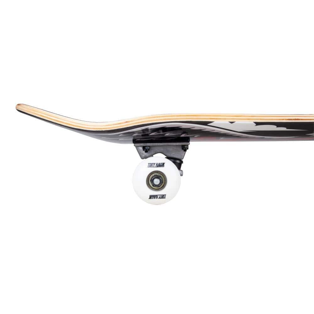 A close-up side view of the Tony Hawk 180 Series Wingspan Special Complete Skateboard, featuring an upturned tail, black truck, and white wheel on an 8" x 31.5" 7-ply maple deck by Tony Hawk, set against a plain white background.
