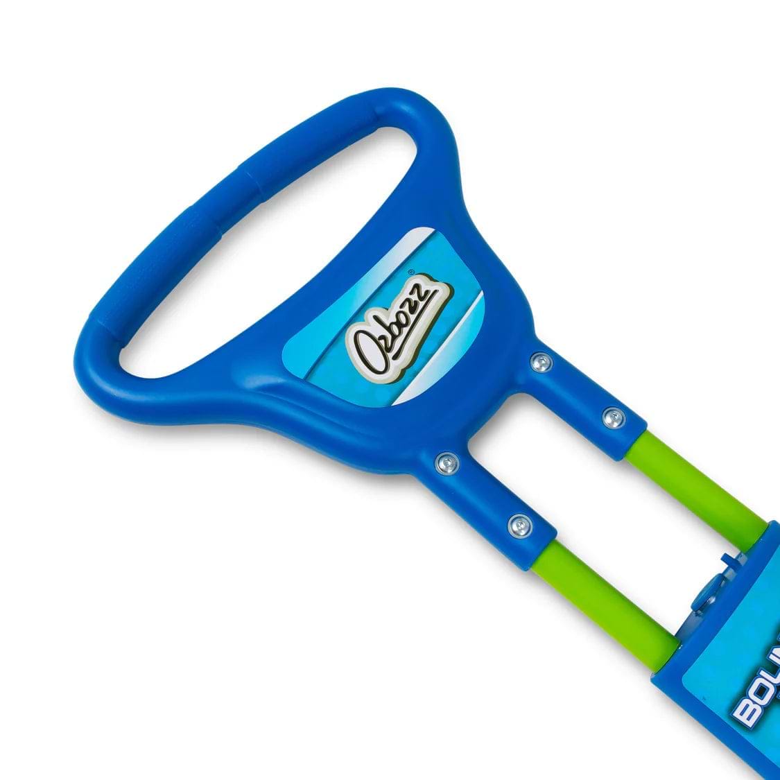 Close-up of an Ozbozz Go Light Up Kids 89cm Pogo Stick in blue, featuring the Ozbozz brand name—a great choice for kids who love light-up toys.