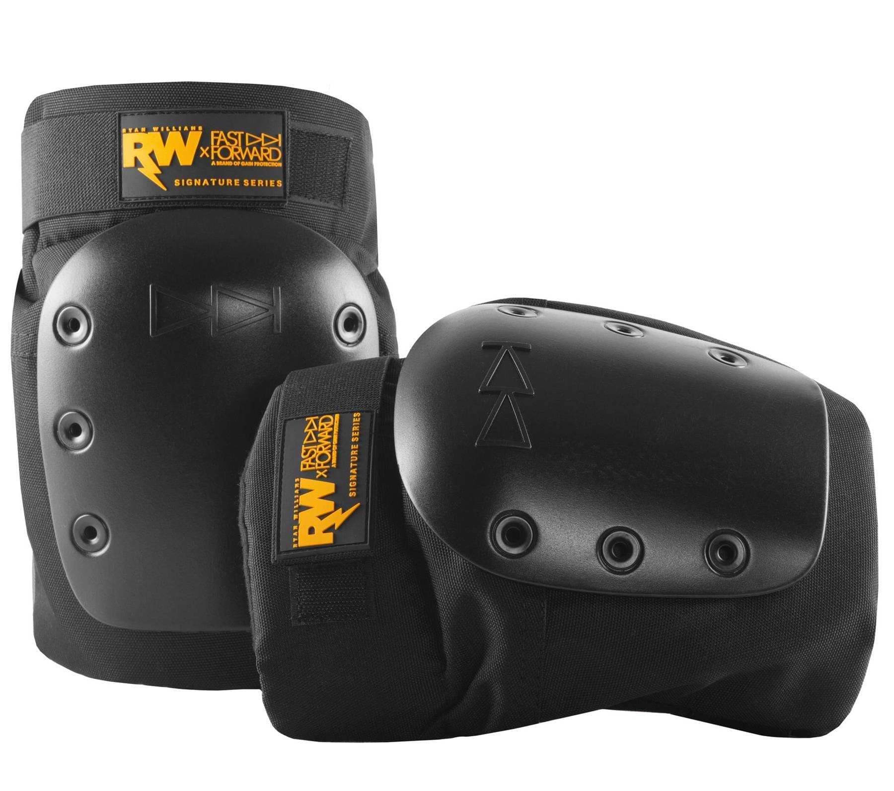 Two black GAIN Protection RW x Fast Forward Ryan Williams Signature Skate Knee Pads with hard plastic caps, visible rivets, and a yellow and black RW Fast Forward logo patch above the knee, ideal for action sports or scooter riders.