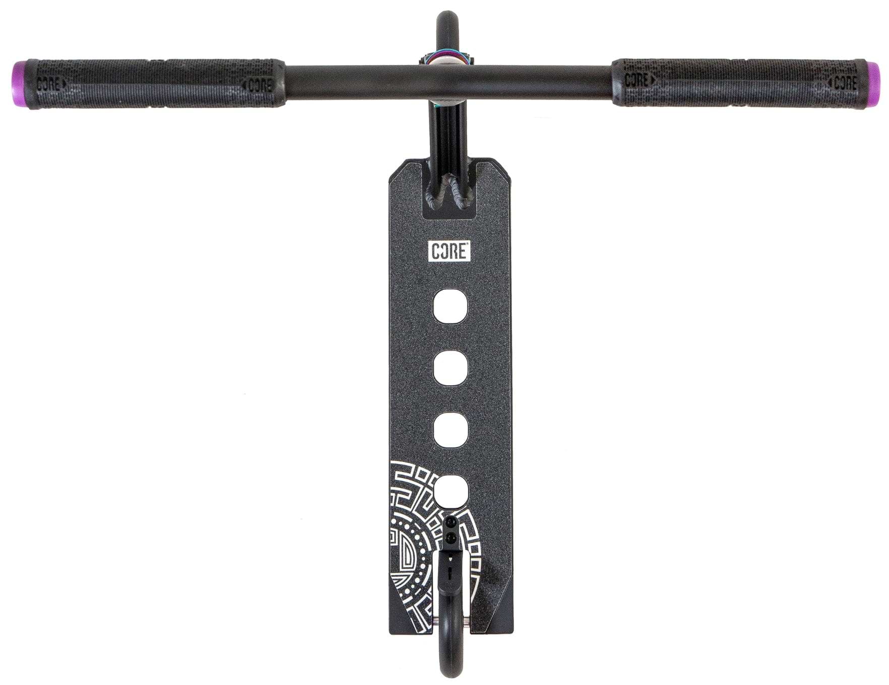 Top-down view of the CORE CL1 Complete Stunt Scooter in Black/Neochrome LE, featuring wide handlebars with purple ends, a deck with circular cutouts and a white geometric pattern near the rear, and "CORE" branding on grips and deck.